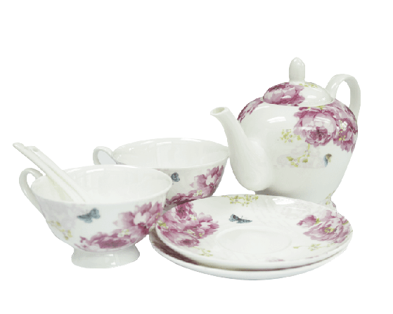 Bone China Pink Floral Decal Tea Pot Set