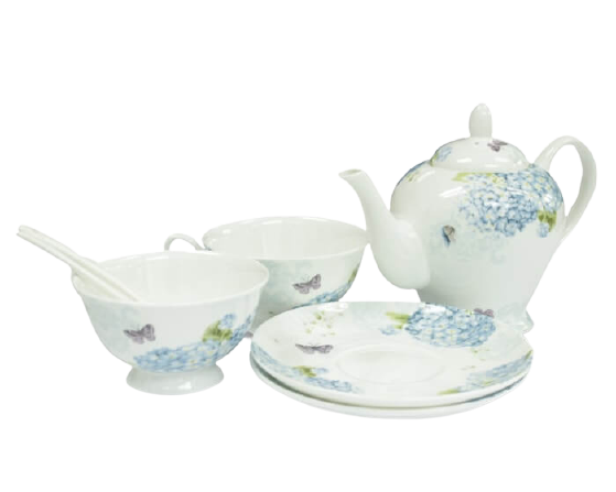 Bone China Blue Floral Decal Tea Pot Set